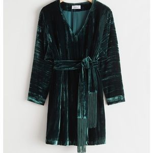 & Other Stories Belted Velvet Mini Long Sleeve Fringe Sash Dress Green Size 2.